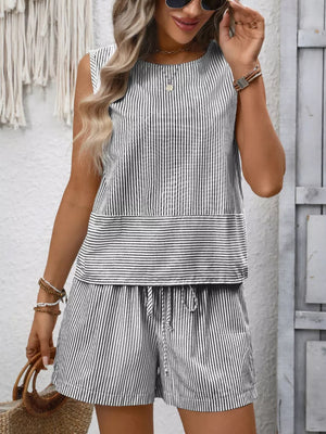 Black and white striped maternity set with a sleeveless top and drawstring shorts.