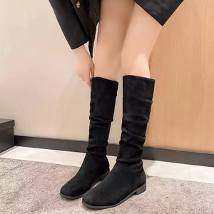 Black suede slouchy mid-calf boots with block heels