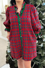 Plaid Ruffle Cuff Button Front Mini Dress in Deep Red, back view