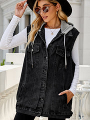 Dark denim hooded vest with contrast lining and drawstring hood.