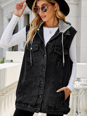Dark denim hooded vest with contrast lining and drawstring hood.