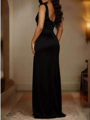 Black satin cowl neck maxi dress with daring split and bodycon fit