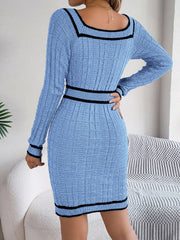 Pastel Blue ribbed knit bodycon dress with black trim and square neckline.