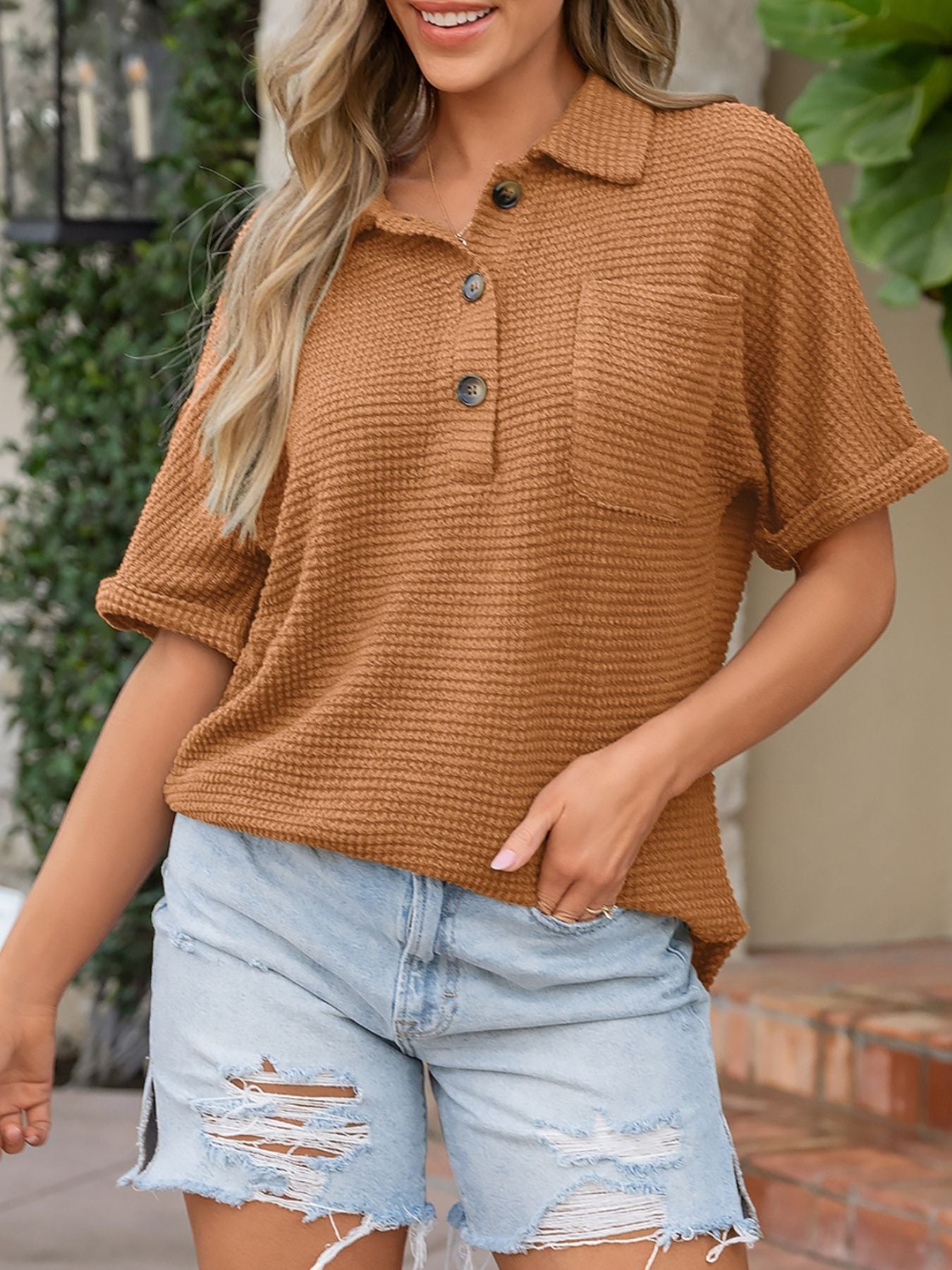 Waffle-knit collared shirt in camel with button detail and chest pocket.