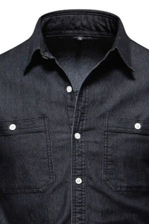 Black faded denim utility shirt with two chest pockets and white buttons.