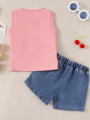 Pink waffle knit tank top and denim shorts baby outfit.