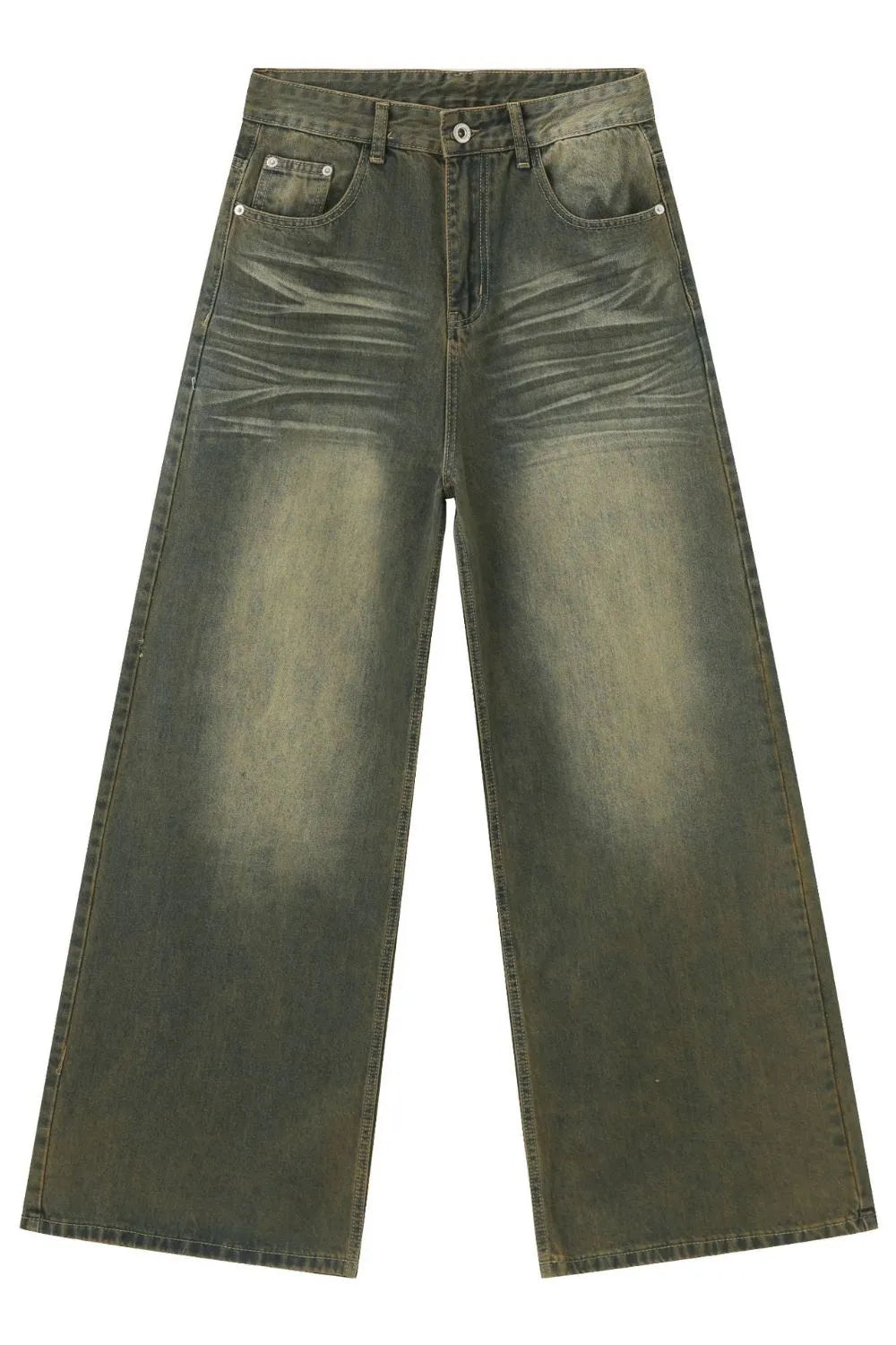 Dark wash vintage palazzo denim trousers with wide legs and distressed details.