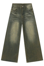 Dark wash vintage palazzo denim trousers with wide legs and distressed details.