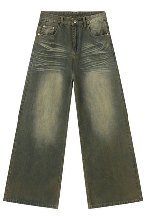 Dark wash vintage palazzo denim trousers with wide legs and distressed details.