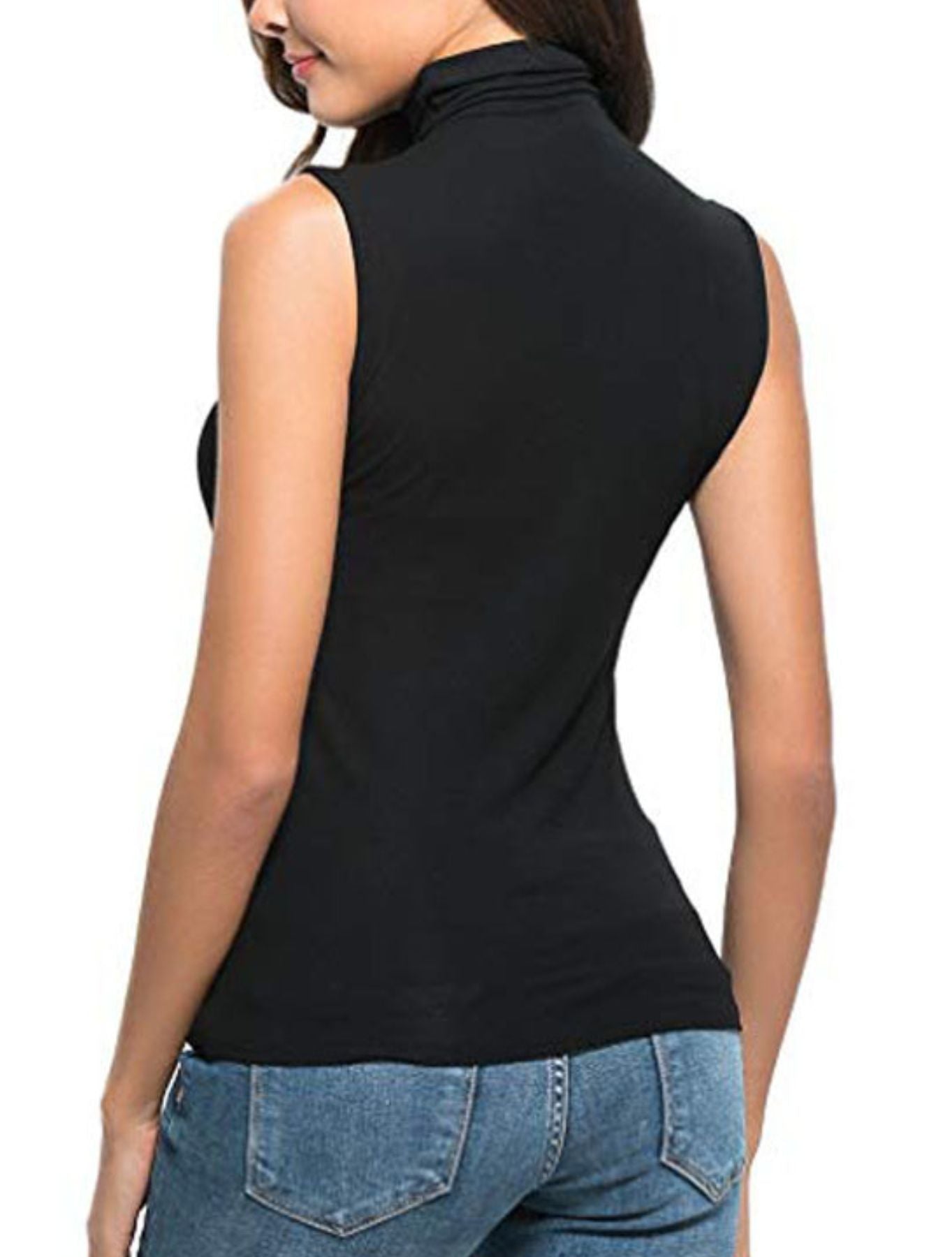 Black sleeveless turtleneck t-shirt with a fitted silhouette.