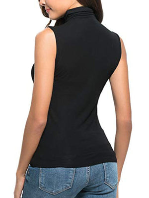 Black sleeveless turtleneck t-shirt with a fitted silhouette.