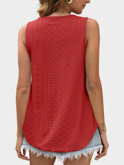 Deep Red eyelet trapeze tank top with scoop neck and scalloped hem.