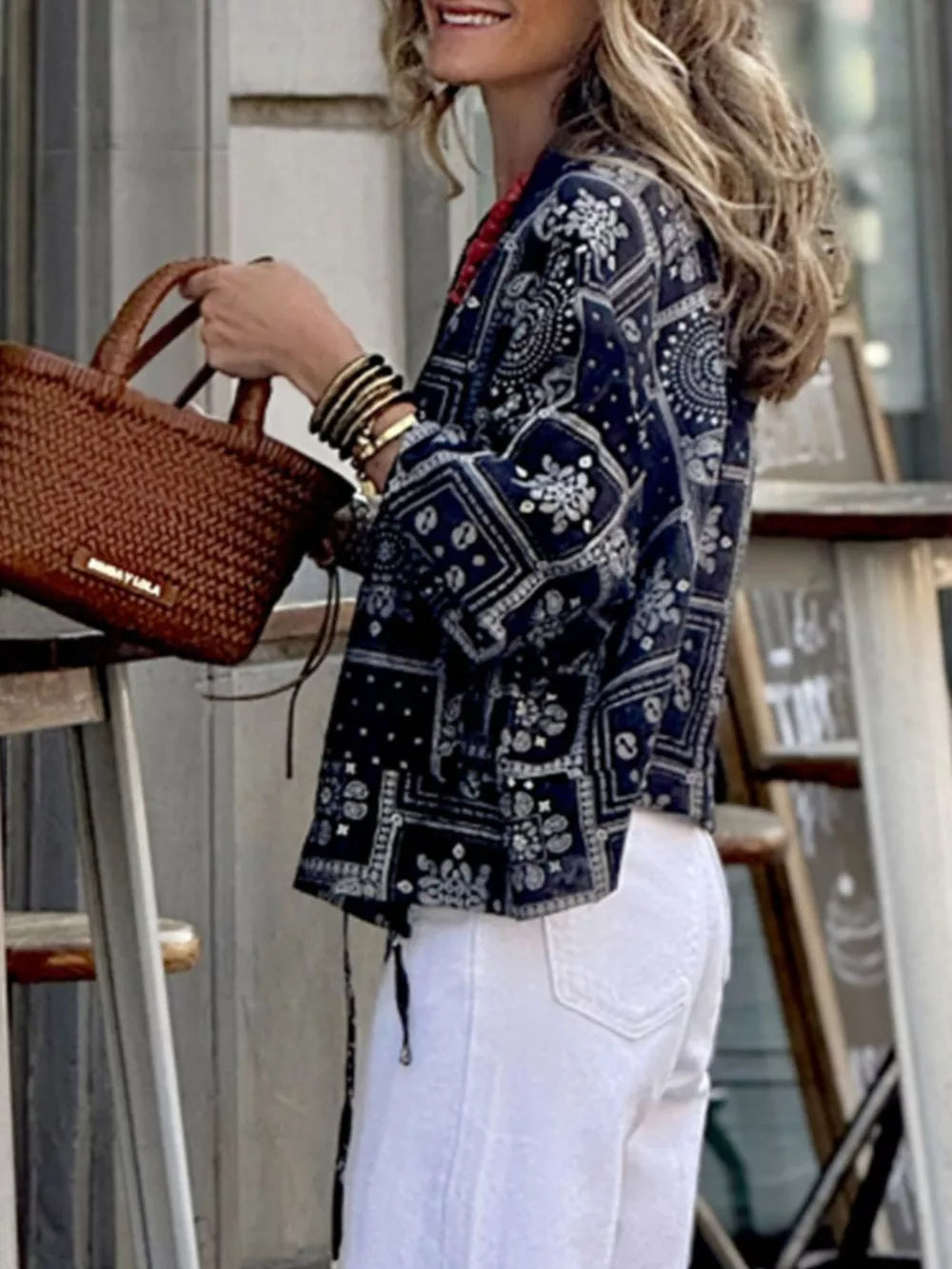 Printed Zip Up Jacket in Black, close-up detail
