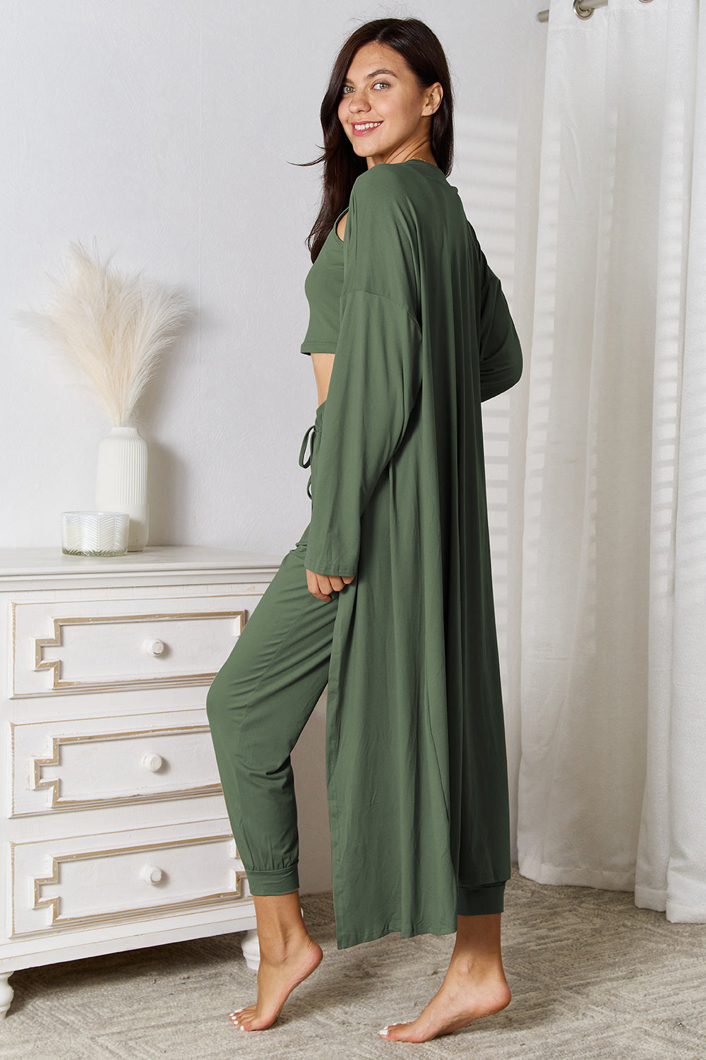 Army green loungewear set with long cardigan, crop top, and jogger pants.