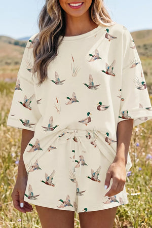 Beige mallard duck print pajama set with crew neck top and drawstring shorts.
