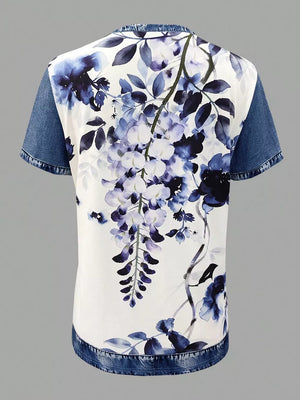 Denim patchwork shirt with blue floral print, short sleeves, and a casual fit.