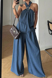 Halter Neck Top And Wide-leg Pants Set in Dusty Blue, front view