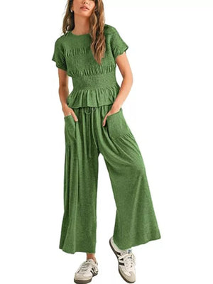 Smocked Peplum Top And Wide-leg Pants Set in Terracotta, view 12
