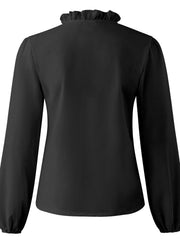 Black blouse with ruffled neckline and balloon sleeves
