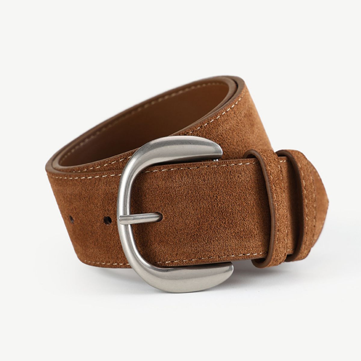Brown cowhide leather belt with antiqued buckle and contrast stitching