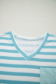 Striped V-neck t-shirt in teal and white with a chest pocket.