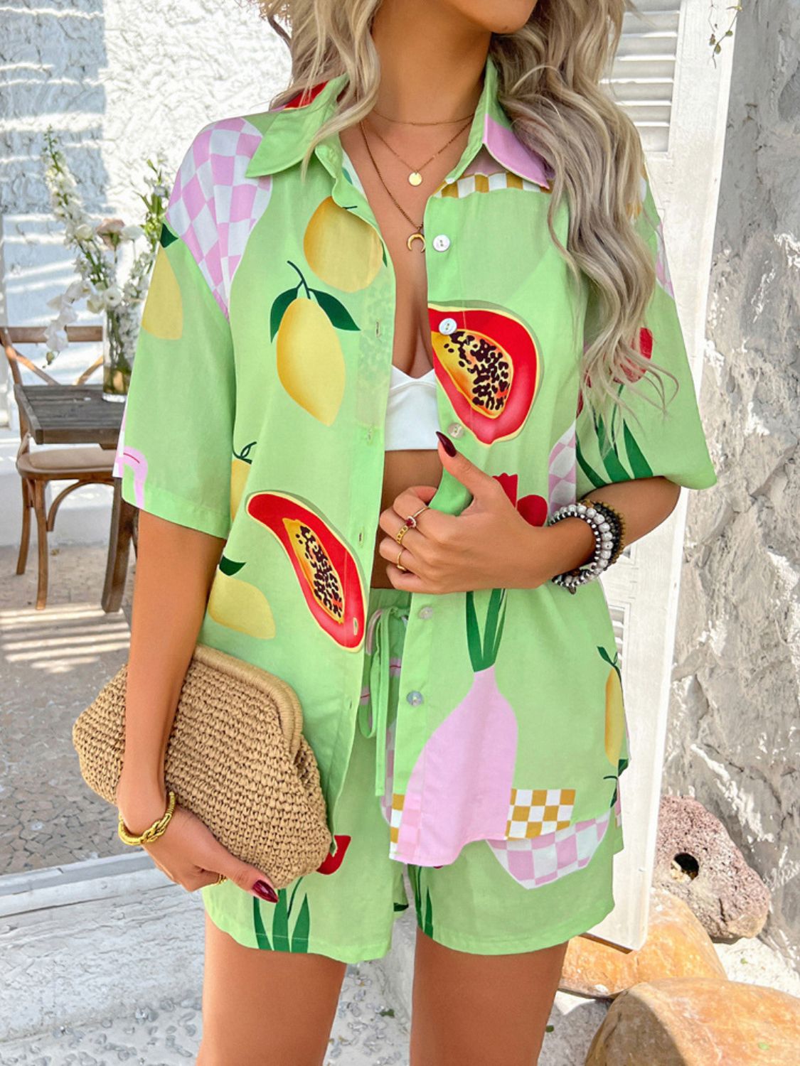 Coastal Tile Print Co-ord Set in lime green with fruit and checkered patterns, button-up shirt and shorts.