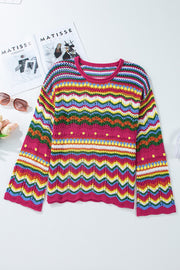 Multicolor crochet wave knit sweater with bell sleeves and a round neckline.