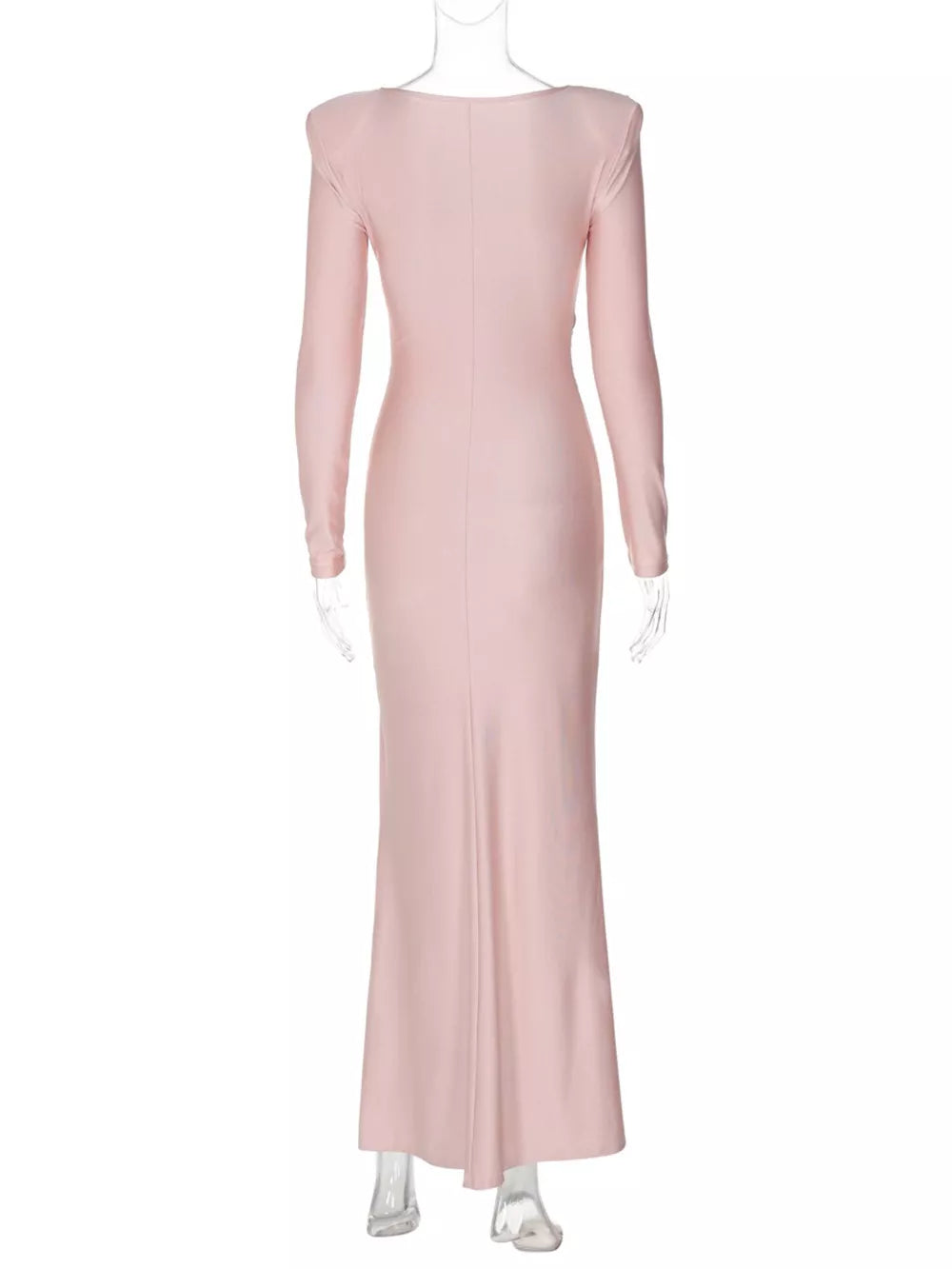 Pink ruched long sleeve maxi dress with boat neckline and bodycon fit