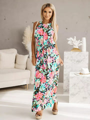 Floral print maxi dress with braided straps and belted waist