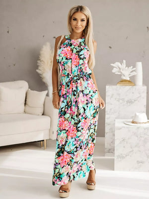Floral print maxi dress with braided straps and belted waist