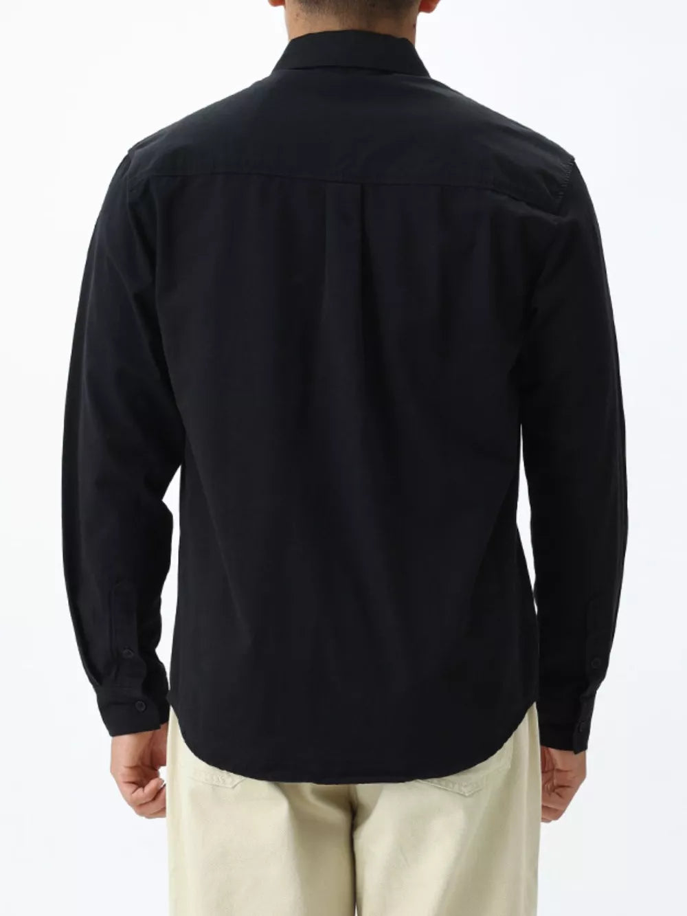 Classic black cotton button-down shirt for men, long sleeves, button cuffs, back yoke detail.