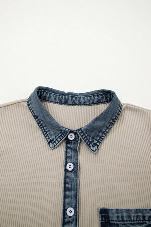 Beige ribbed knit mini dress with denim collar, placket, and pocket detail.