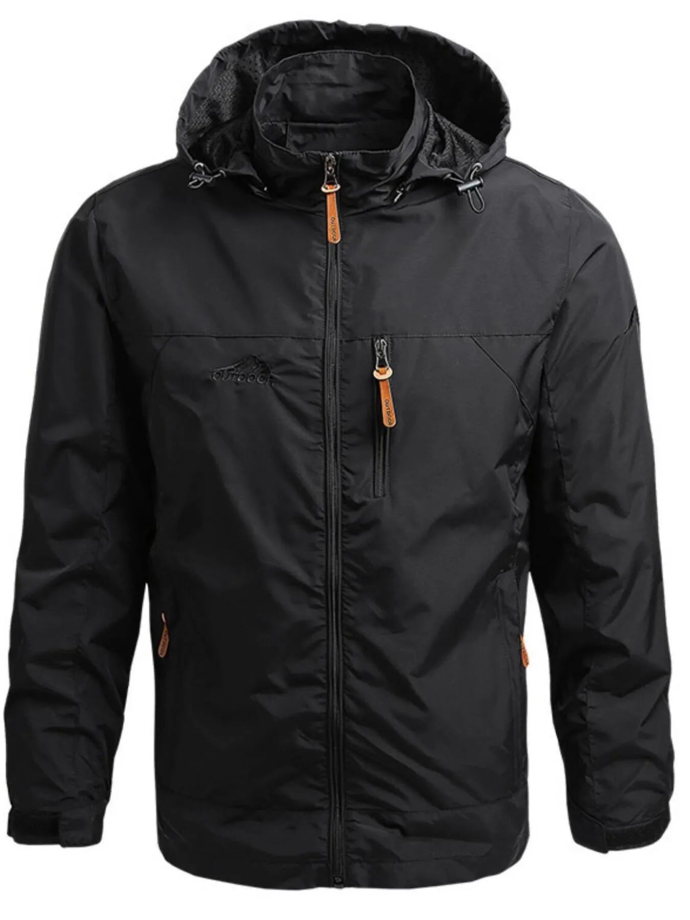 Black hooded windbreaker jacket with zip closure and orange zipper pulls.