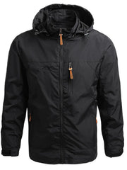 Black hooded windbreaker jacket with zip closure and orange zipper pulls.