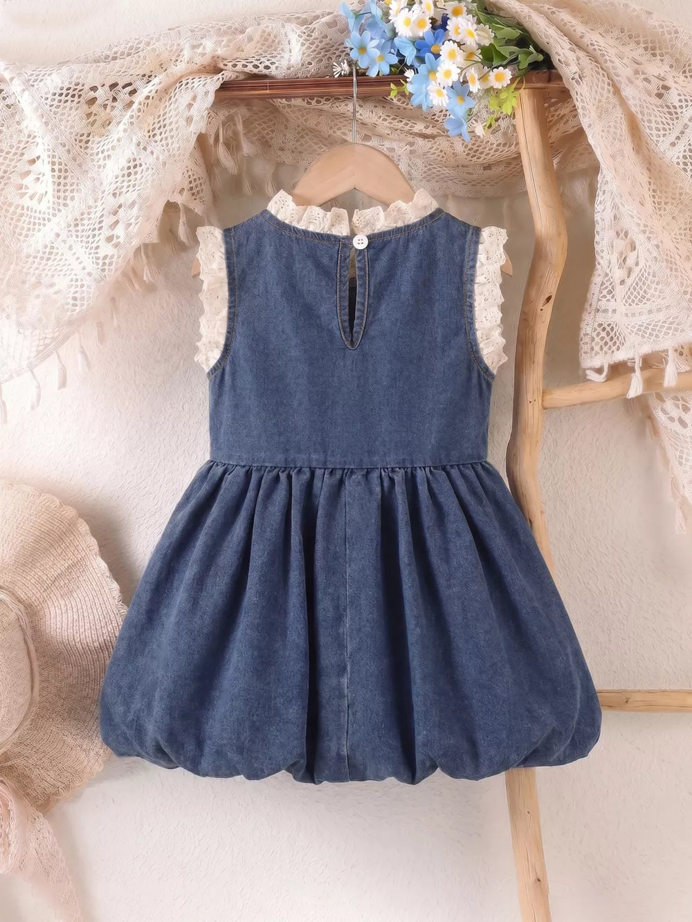 Children's Denim Cherry Applique Dress in Navy, fabric detail