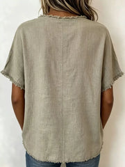 Khaki relaxed-fit short sleeve shirt with frayed hem and crew neck.