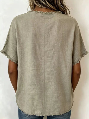 Khaki relaxed-fit short sleeve shirt with frayed hem and crew neck.