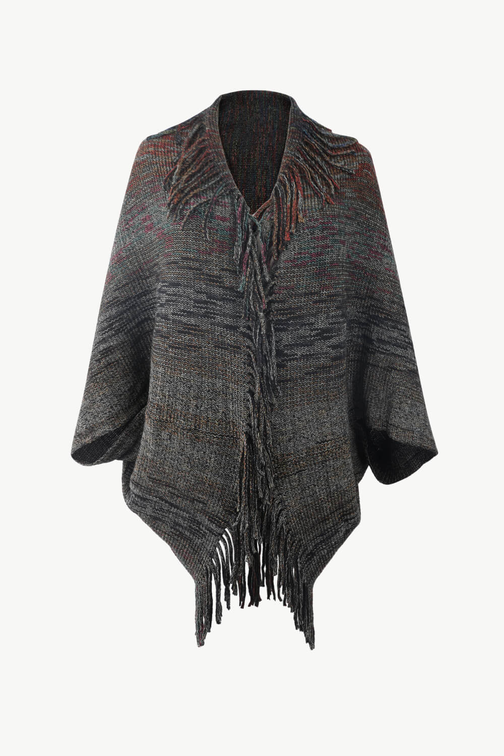 Textured stripe fringe cape in gray acrylic with a V-neck and fringed hem.