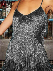 Black sequin mini dress with fringe and feather trim.