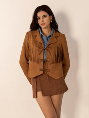 Caramel suede western jacket with fringe and tie closure, collared, long sleeves.