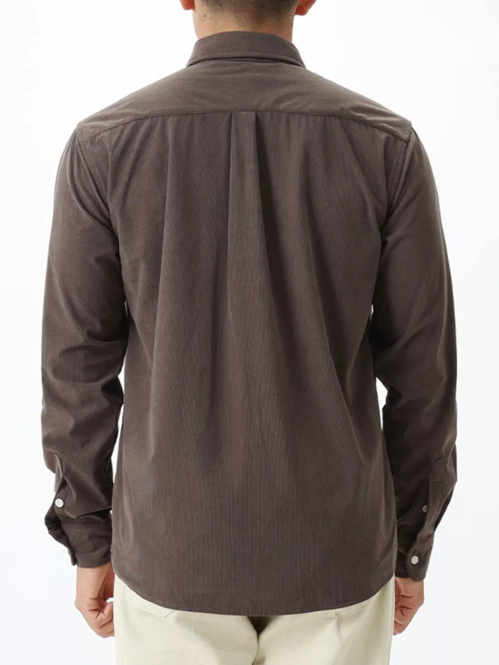 Brown long sleeve buttoned shirt with back pleats and subtle vertical texture.