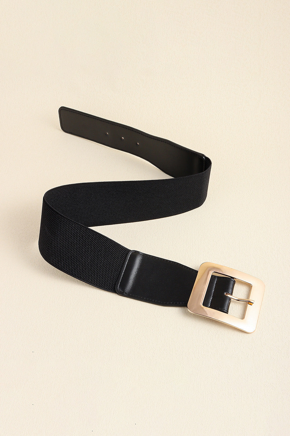Black vegan leather belt with elastic band and wide square gold buckle