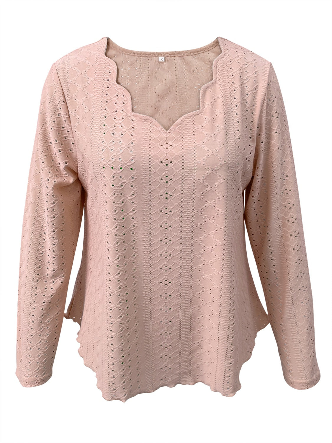 Dusty Pink eyelet blouse with scalloped neckline and long sleeves.