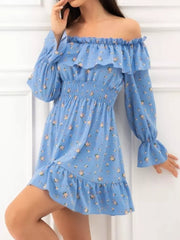 Off-shoulder Floral Ruffle Dress in Blue, product detail