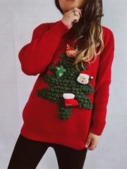 Red acrylic knit sweater with a 3D Christmas tree applique featuring Santa, a reindeer, a star, and a stocking.