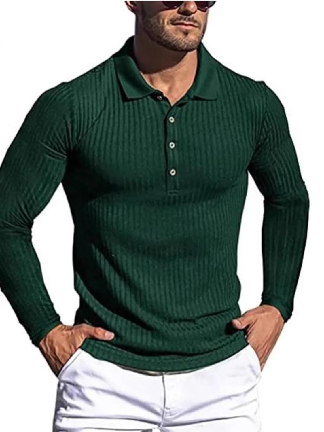 Dark green ribbed long sleeve polo shirt with sculpted fit and button placket.