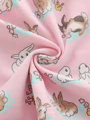 Pink cotton toddler dress with a cute bunny print and floral accents.
