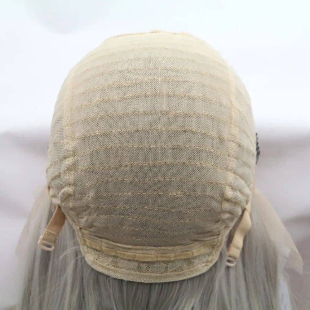 Lace front wig cap construction with adjustable straps and silver ombre hair.
