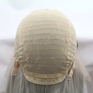 Lace front wig cap construction with adjustable straps and silver ombre hair.