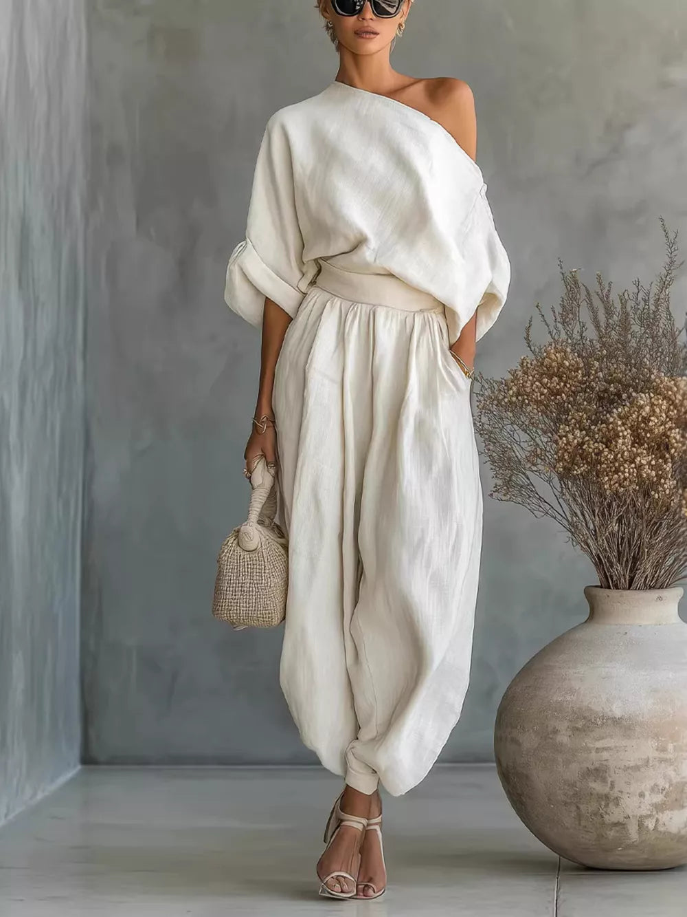 One-shoulder Top And Joggers Set in Blue, side view